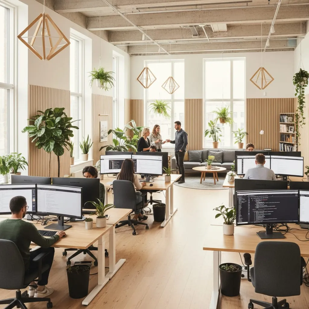 Modern kontorsmiljö med tech-team