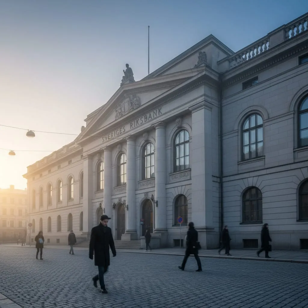 Riksbankens entré i Stockholm en tidig morgon