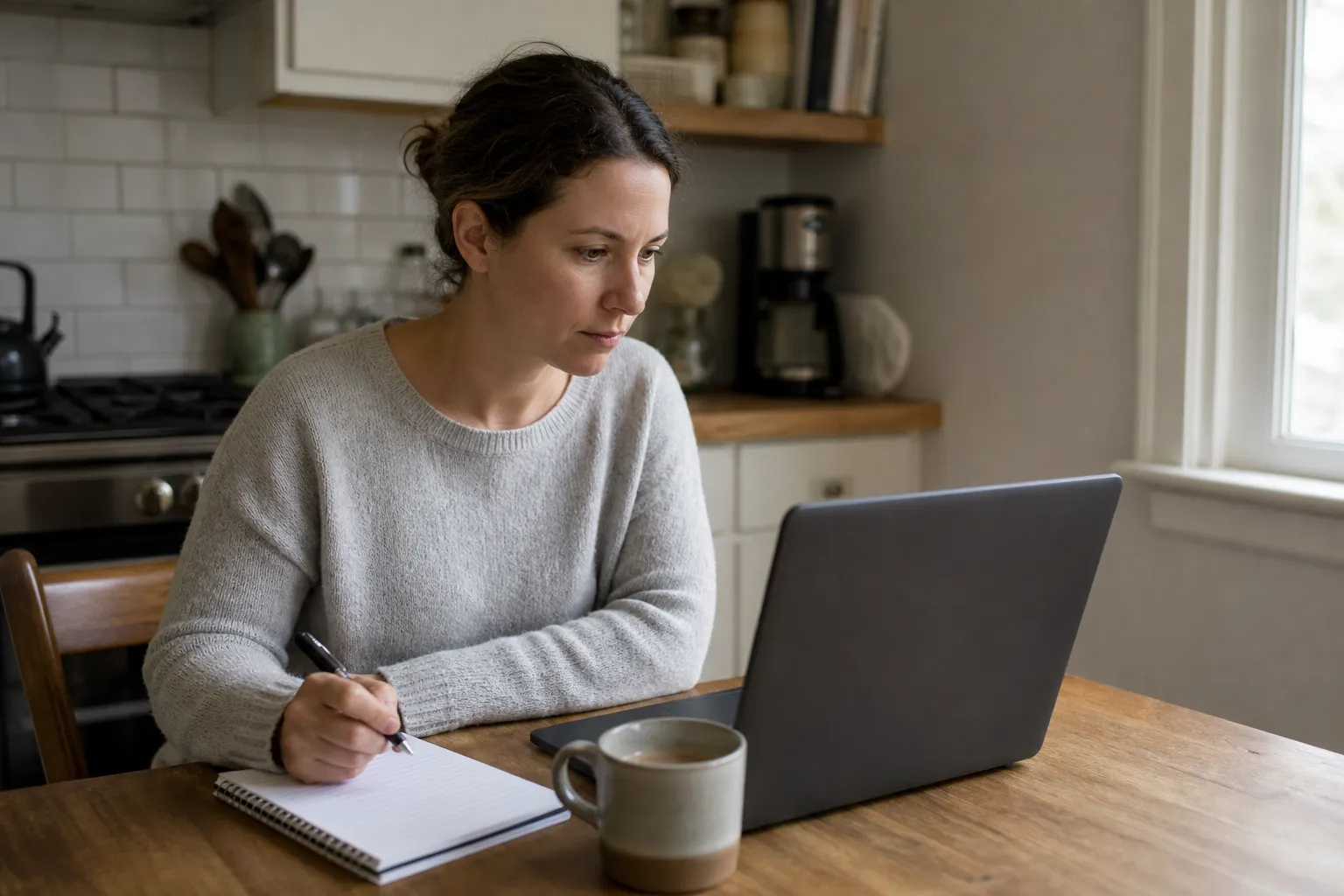 Kvinna i trettioårsåldern jobbar med extra inkomst hemma vid köksbordet med laptop och anteckningsblock.