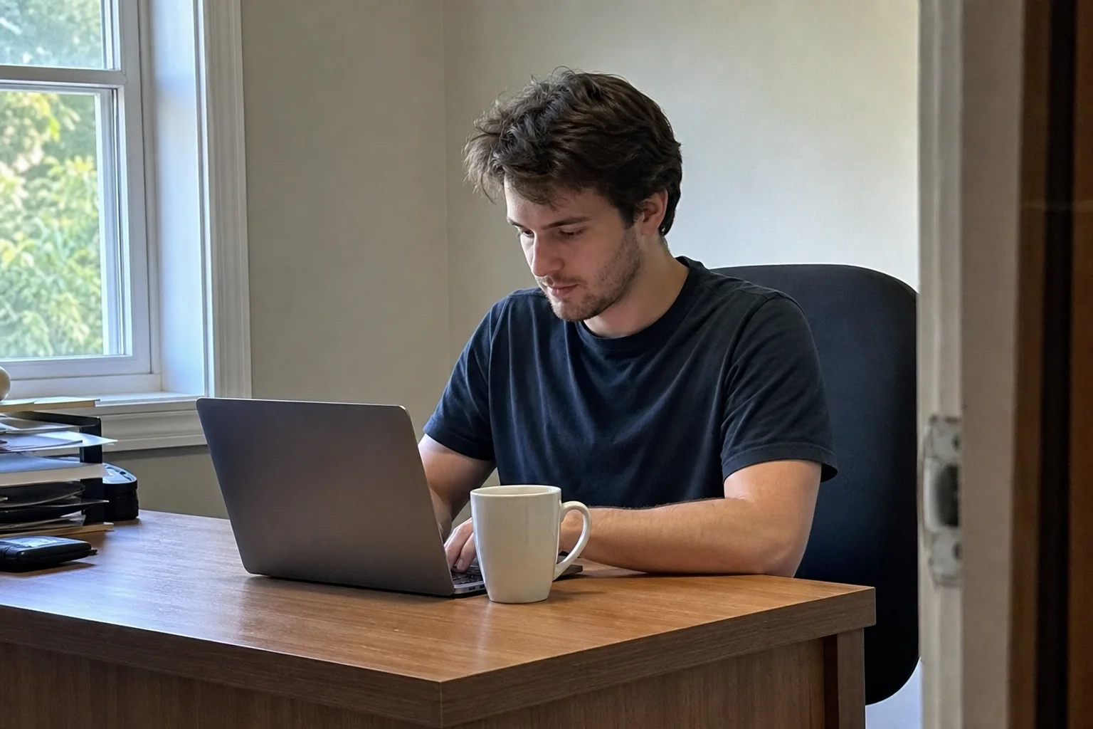 Person som sitter vid ett hemmakontor och jobbar med extra inkomst hemma framför en laptop i dagsljus.