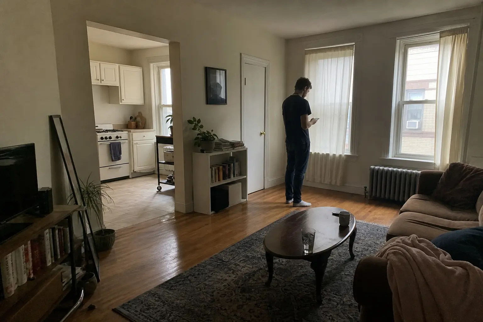 En person i ett enkelt vardagsrum med slitet möblemang, ett sätt att leva när man jobbar på att sänka fasta kostnader.