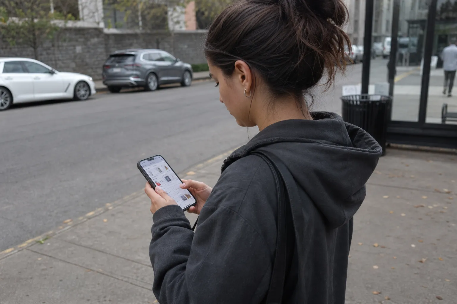 Person som scrollar på sin telefon vid en busshållplats för att sänka fasta kostnader.