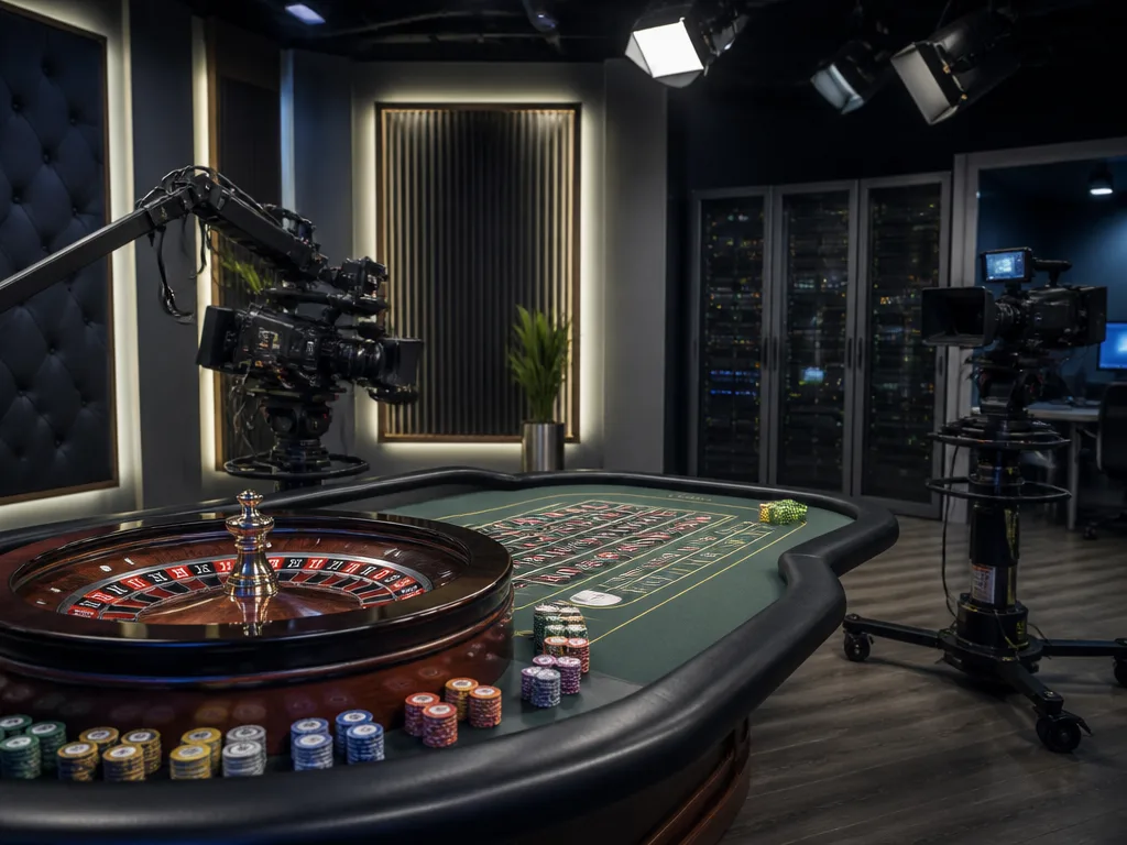 Livecasinostudio med roulettbord, sändningskameror och serverutrustning i bakgrunden