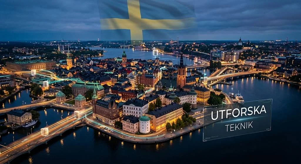 Flygbild över Stockholms innerstad i skymning, staden där merparten av Sveriges spelbolag är samlade.