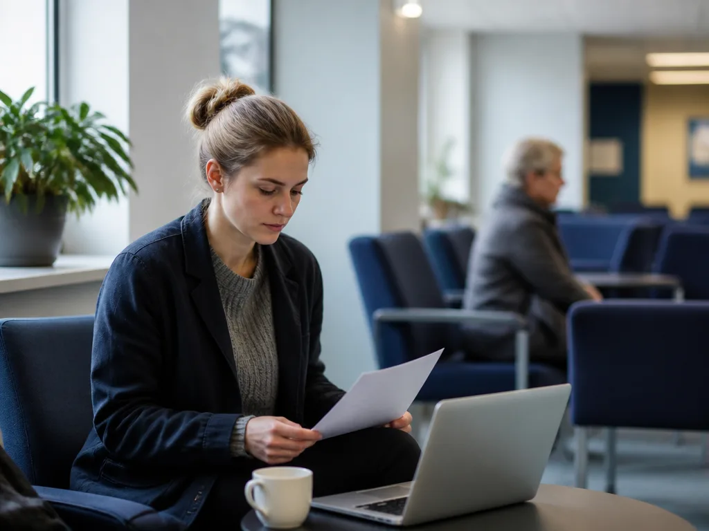 Person går igenom papper och dator i ett lugnt väntrum, symbol för ansökan om a-kassa ersättning