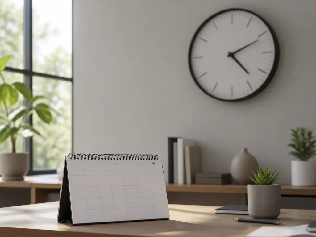 Väckarklocka och skrivbordskalender på ett skrivbord, symbol för arbetstid och arbetsdagar