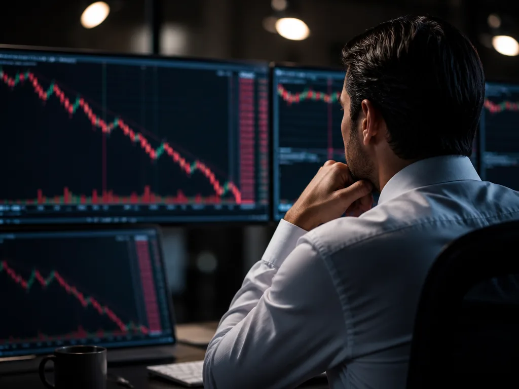 Finansiell trading-arbetsstation med börsdiagram som visar nedåtgående kurser