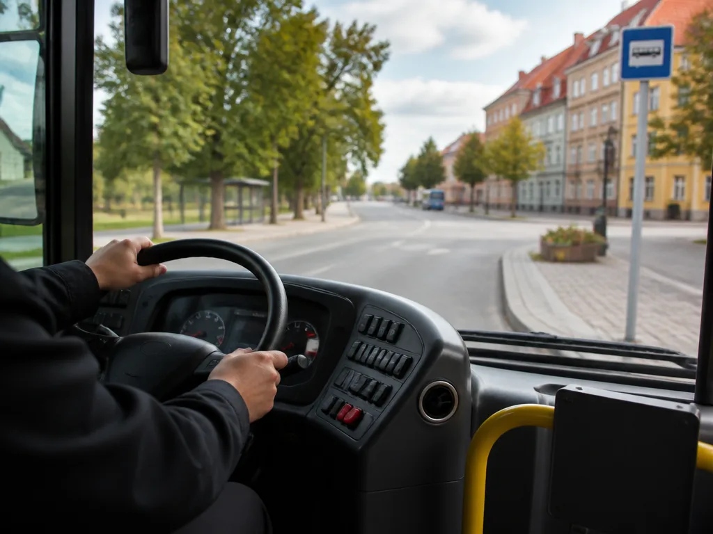 Bussförare vid ratten i en stadsbuss med kollektivtrafikens hållplatsskyltar i bakgrunden