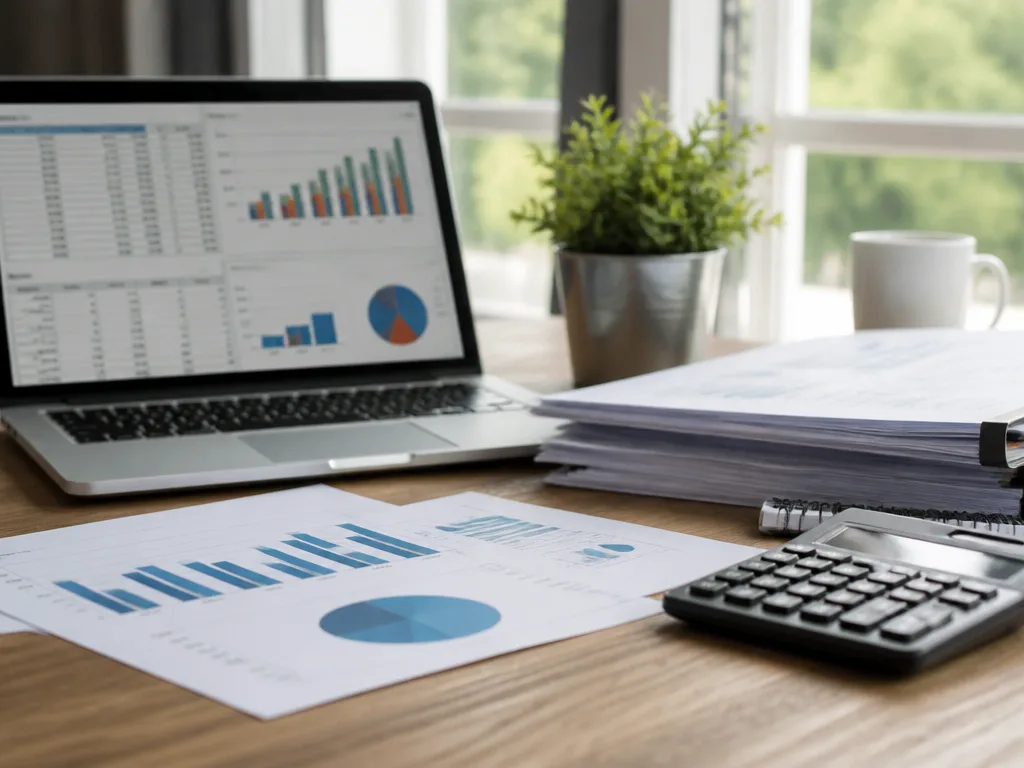 Modernt professionellt kontor med finansiella dokument och diagram på ett rent skrivbord