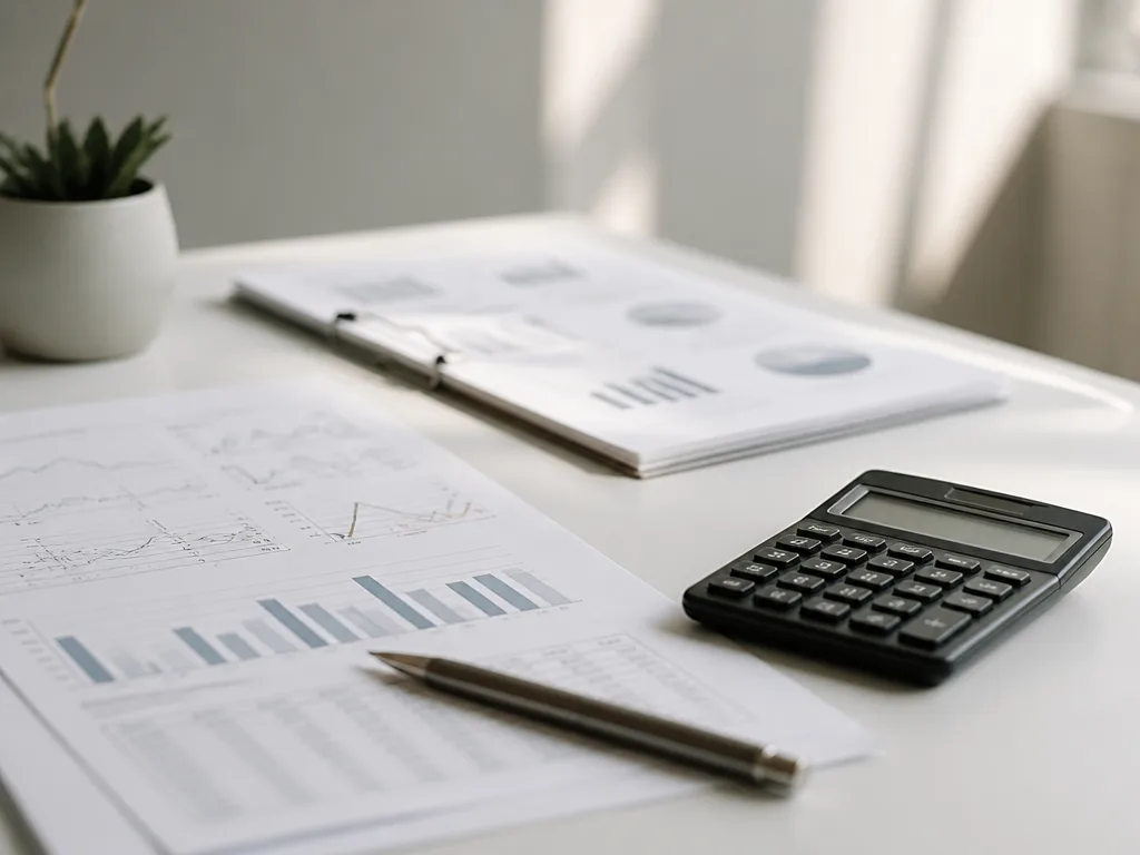 Finansiella dokument och räknare på ett minimalistiskt skrivbord med naturligt sidoljus