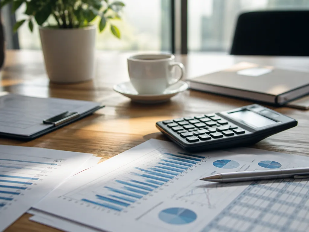 Kontorsarbetsplats med finansiella dokument, kalkylator och bärbar dator med diagram