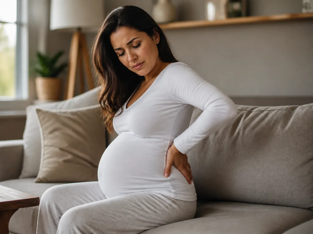 Gravid kvinna sitter i soffan hemma och håller handen mot ländryggen på grund av foglossning