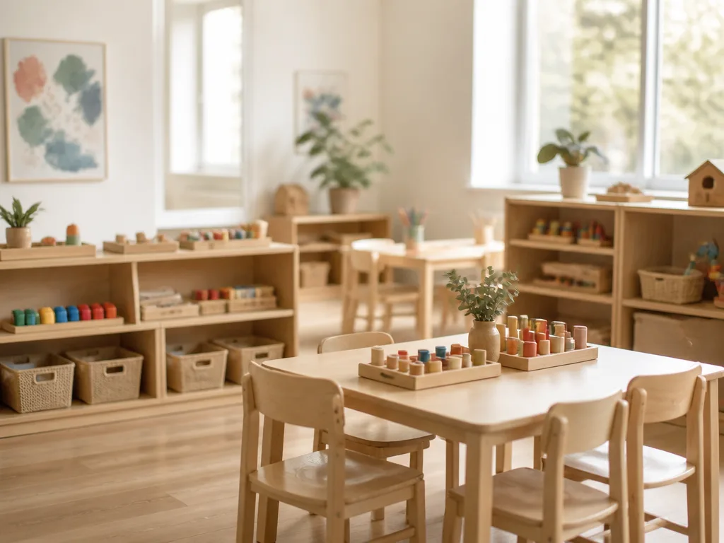 Ljust förskolerum med färgglada leksaker och låga bord – symbol för förskollärares arbetsmiljö