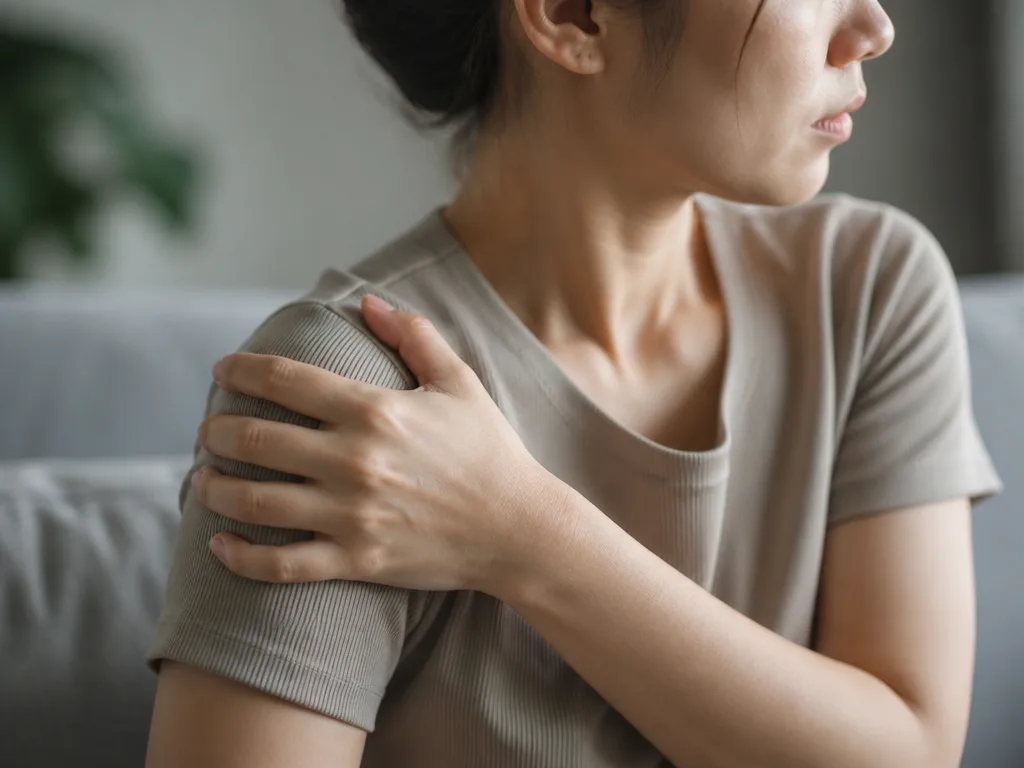 Person masserar försiktigt sin egen axel hemma i mjukt naturligt ljus