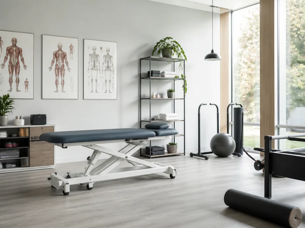 Modernt fysioterapiklinik med behandlingsbänk och anatomiska illustrationer på väggen i skandinavisk design