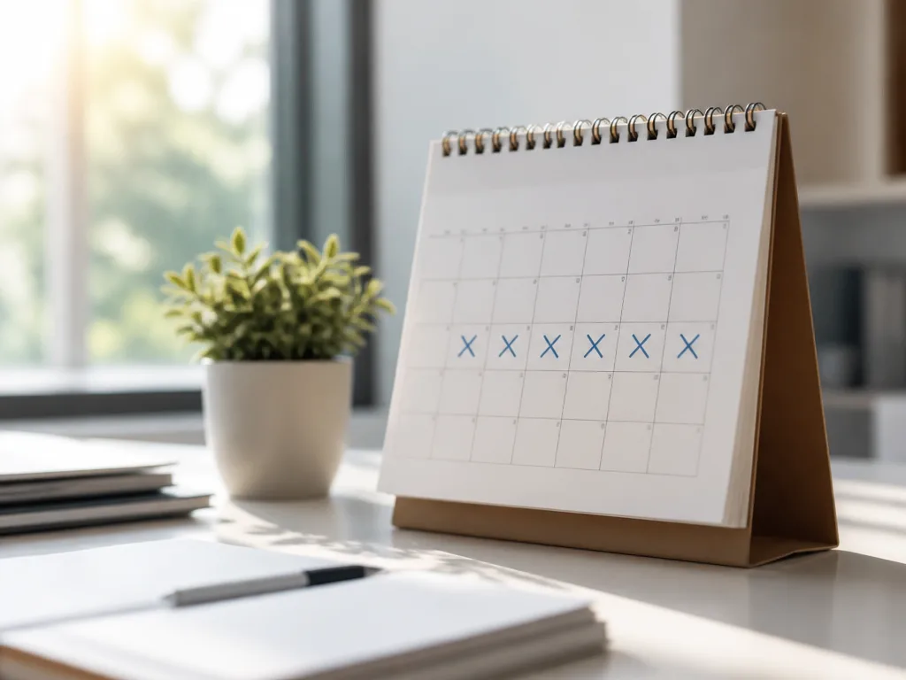 Väggkalender med markerade semesterdagar och en krukväxt på ett ljust skrivbord