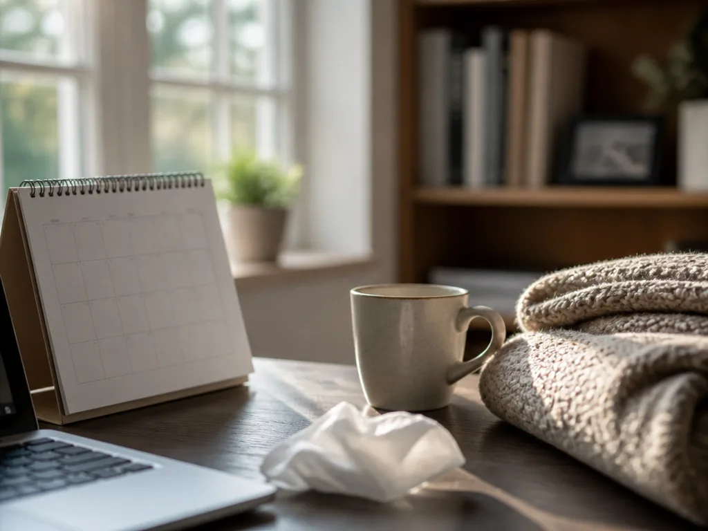 Lugnt hemmakontor med kalender och kaffekopp i morgonljus, symbol för en sjukdag hemma