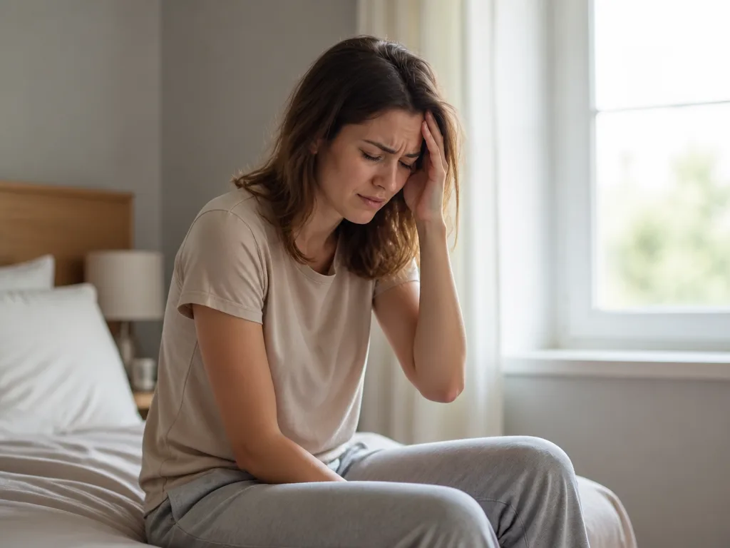 Kvinna som sitter på sängkanten och håller sig för huvudet på grund av yrsel