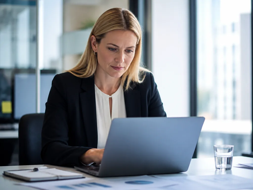 Kontorsarbetare granskar lönestatistik och medianlön på laptop