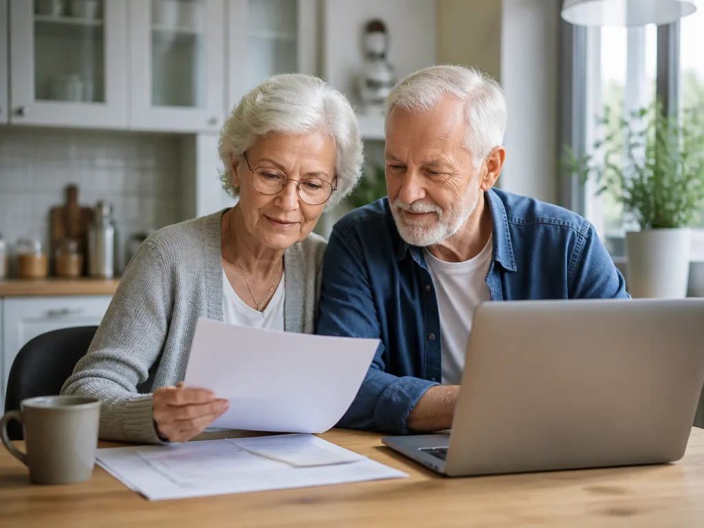 Ett äldre par går igenom pensionspapper och en dator vid köksbordet