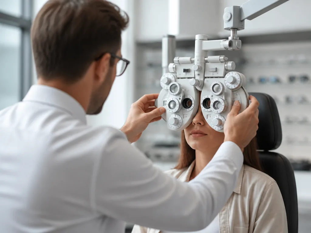 Optiker undersöker en kunds syn med en foropter i en optikbutik
