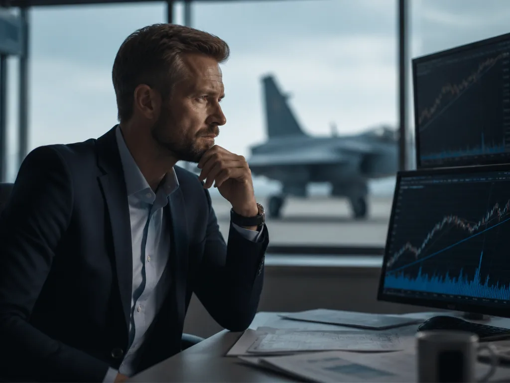 Investerare analyserar Saab aktiekurs med diagram och försvarsjet i bakgrunden