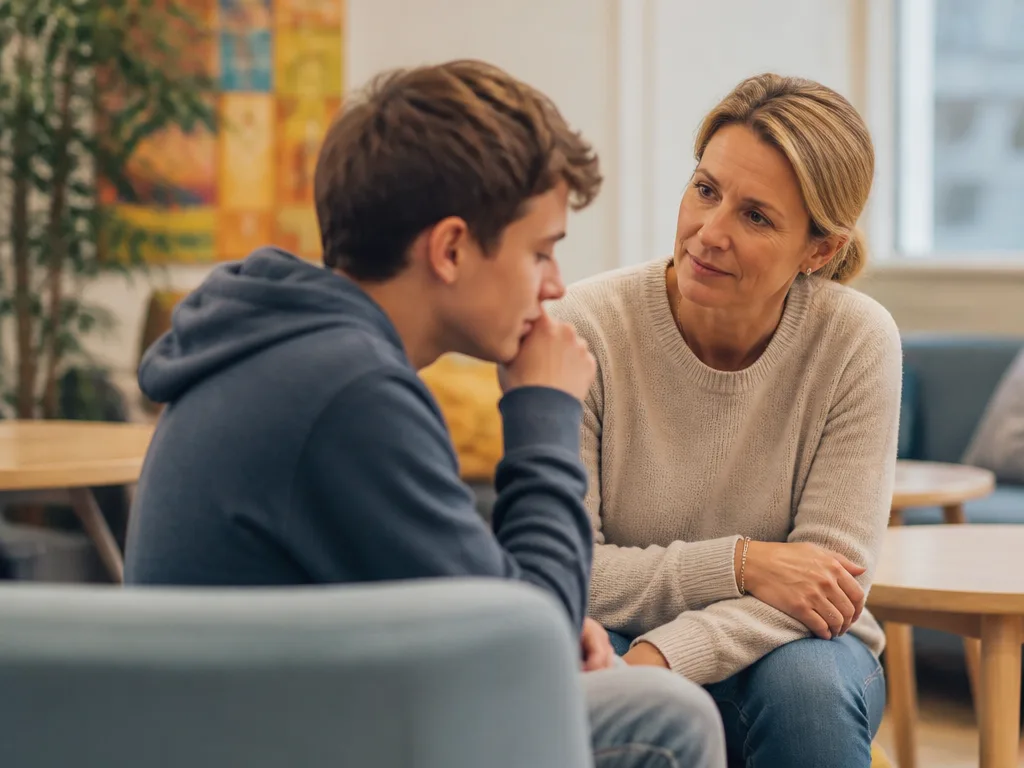Socialpedagog i samtal med ung person på ett stödboende
