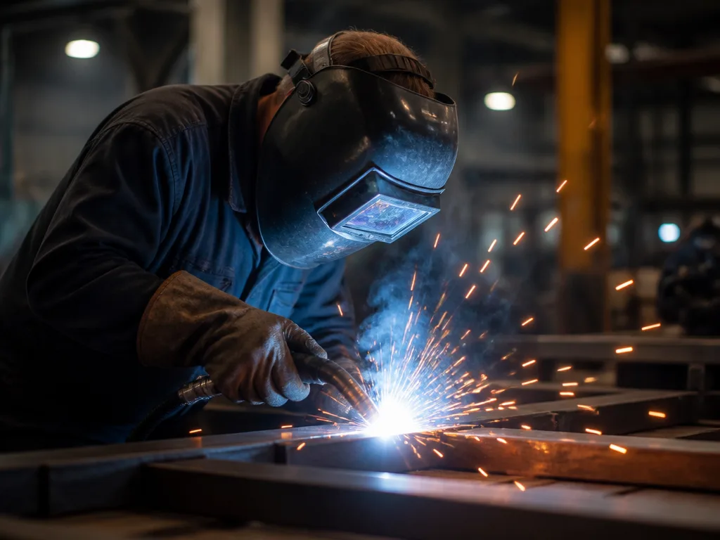 Professionell svetsare i arbete med ljusa svetsgnistor i industriell verkstad