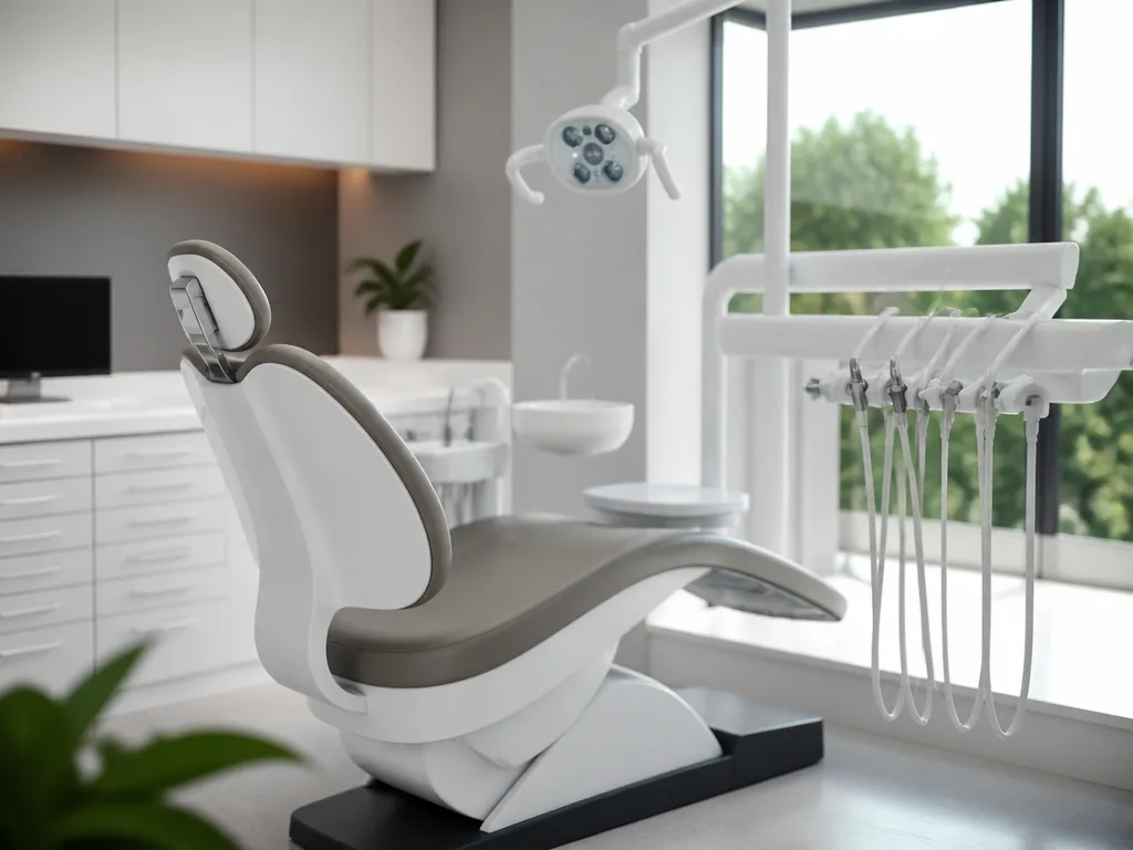 Tandläkarmottagning med behandlingsstol och dentalutrustning i naturligt ljus