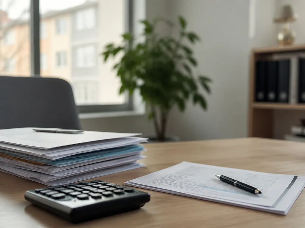 Pensionsdokument och kalkylator på ett modernt kontorsskrivbord