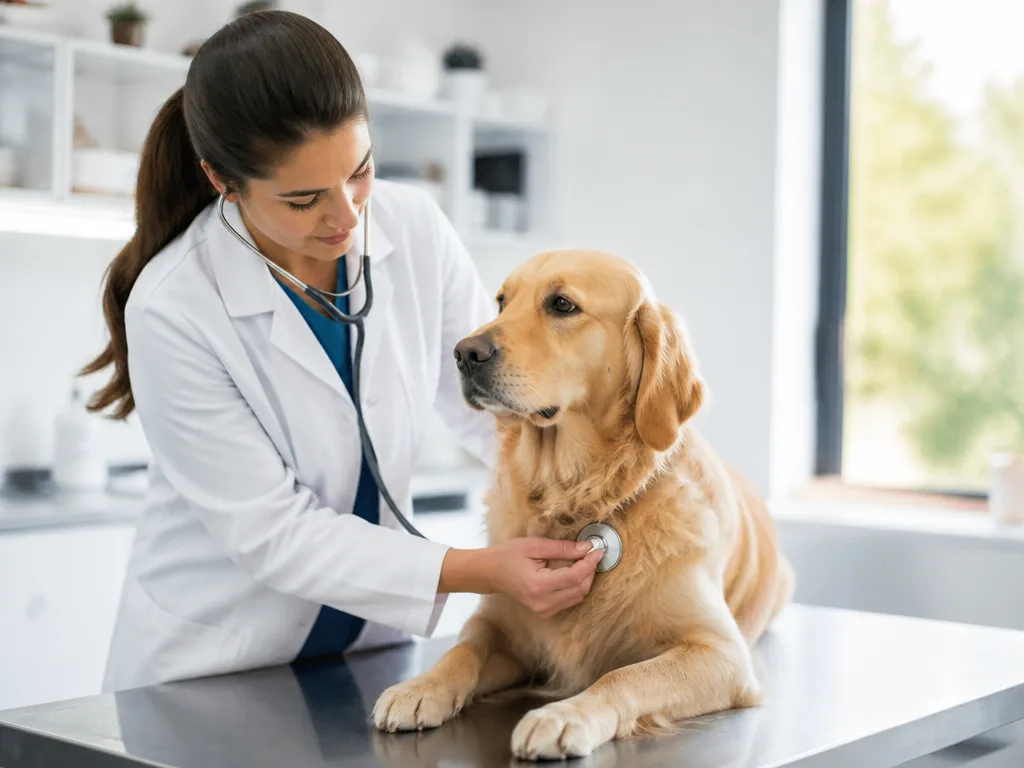 Veterinär undersöker en hund i en klinik med dentalutrustning i bakgrunden